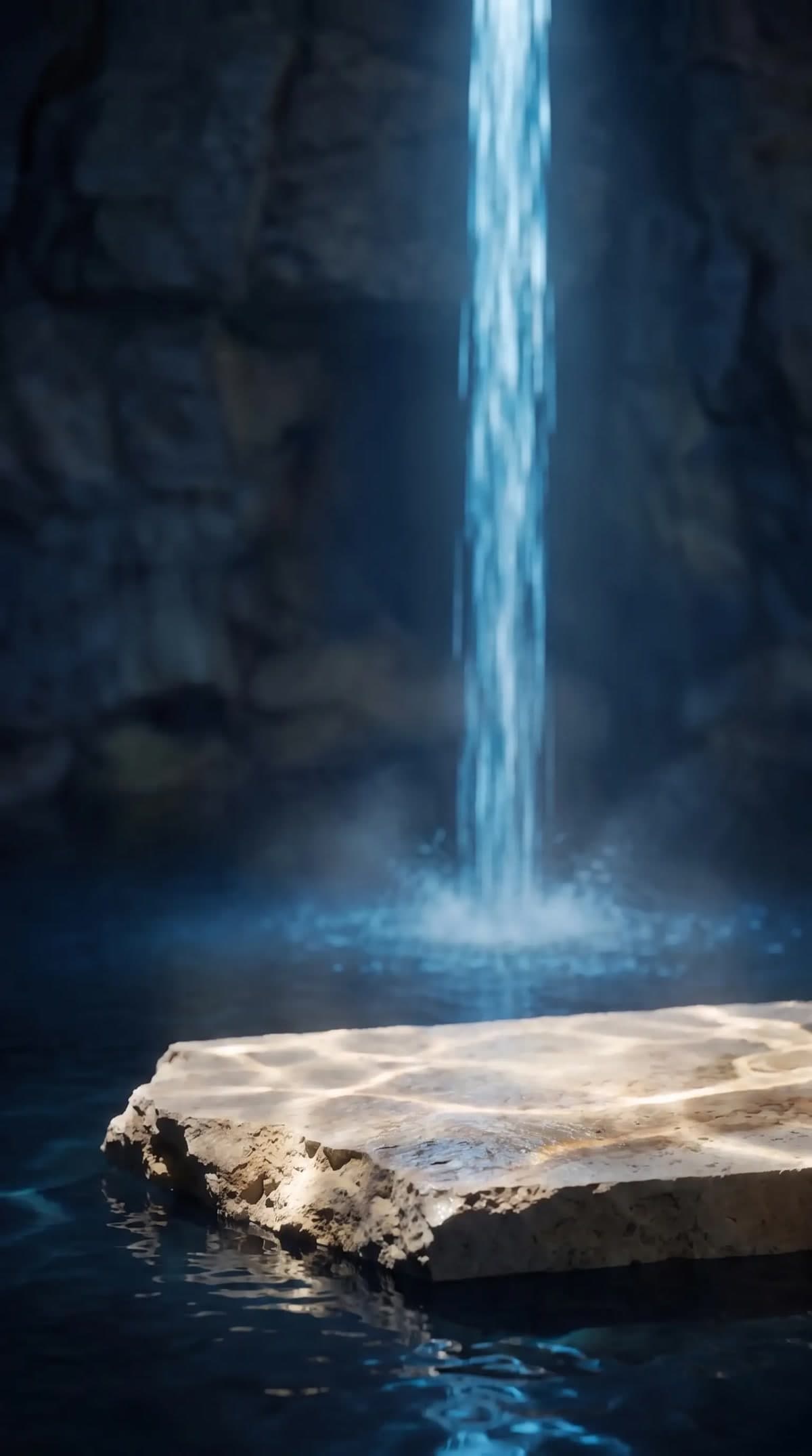 A column of blue-lit water falling behind a rough stone slab in a dark, still pool